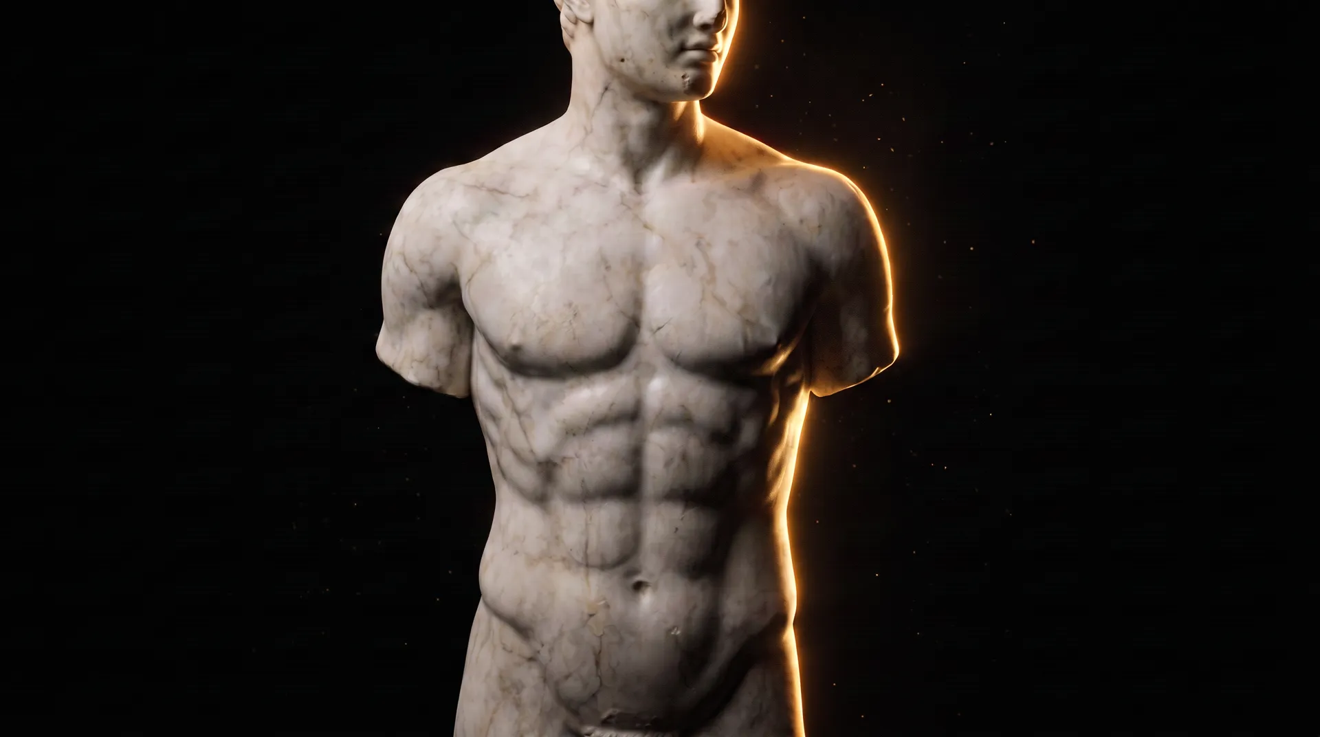 Statue grecque en marbre veiné dans un void noir, dessinée par un rim light doré