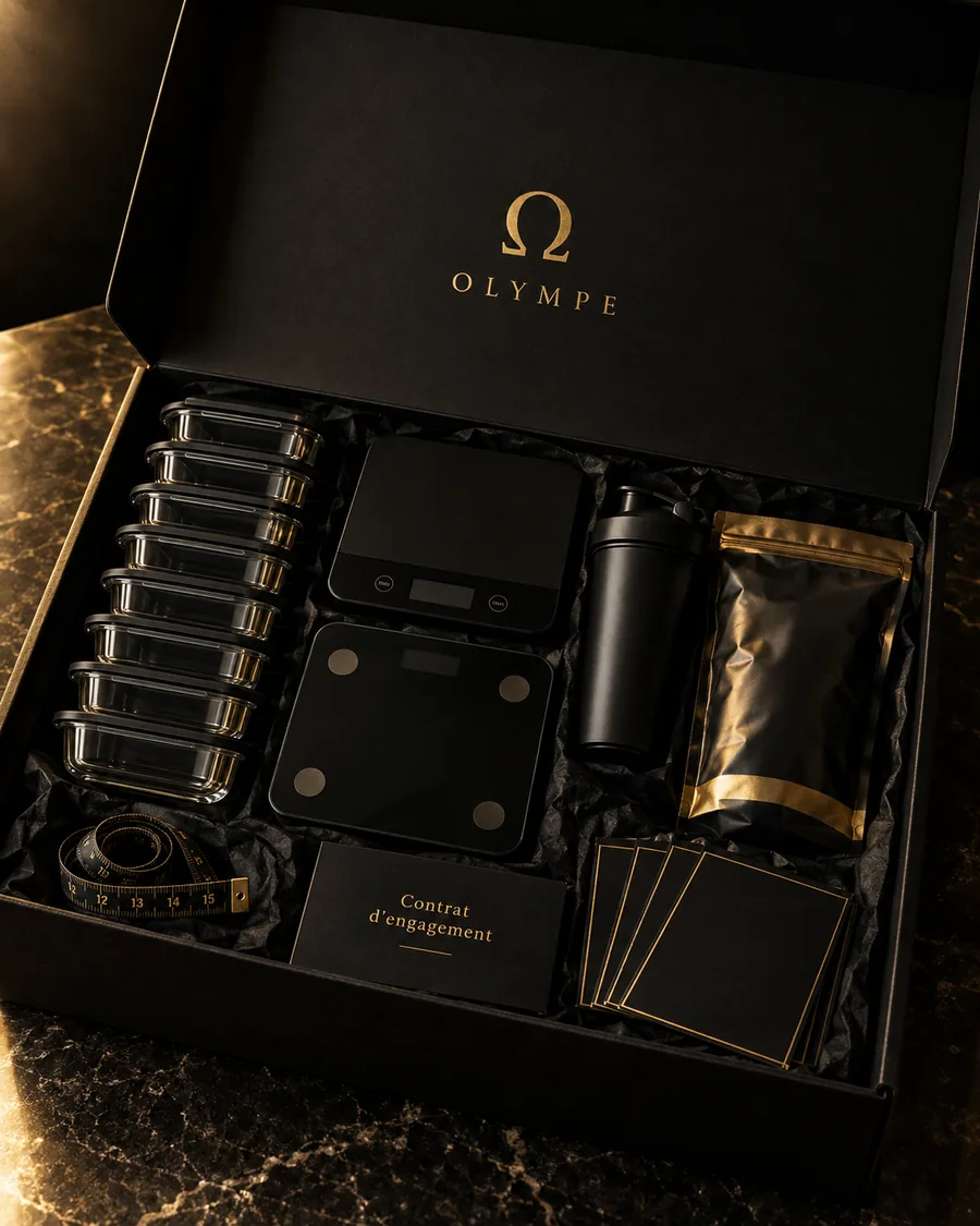 Le kit de démarrage Olympe : boîte noire ouverte avec balance alimentaire, balance corporelle, sept boîtes en verre, shaker, whey, mètre ruban, contrat d'engagement et fiches